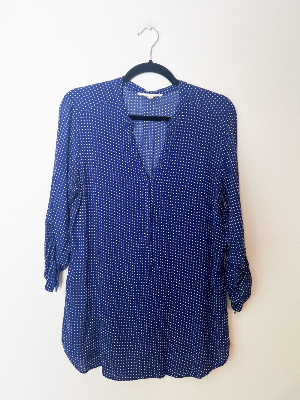 Grand & Greene Blue Polka Dot Roll Tab Blouse Small Office Casual 3/4 Sleeve